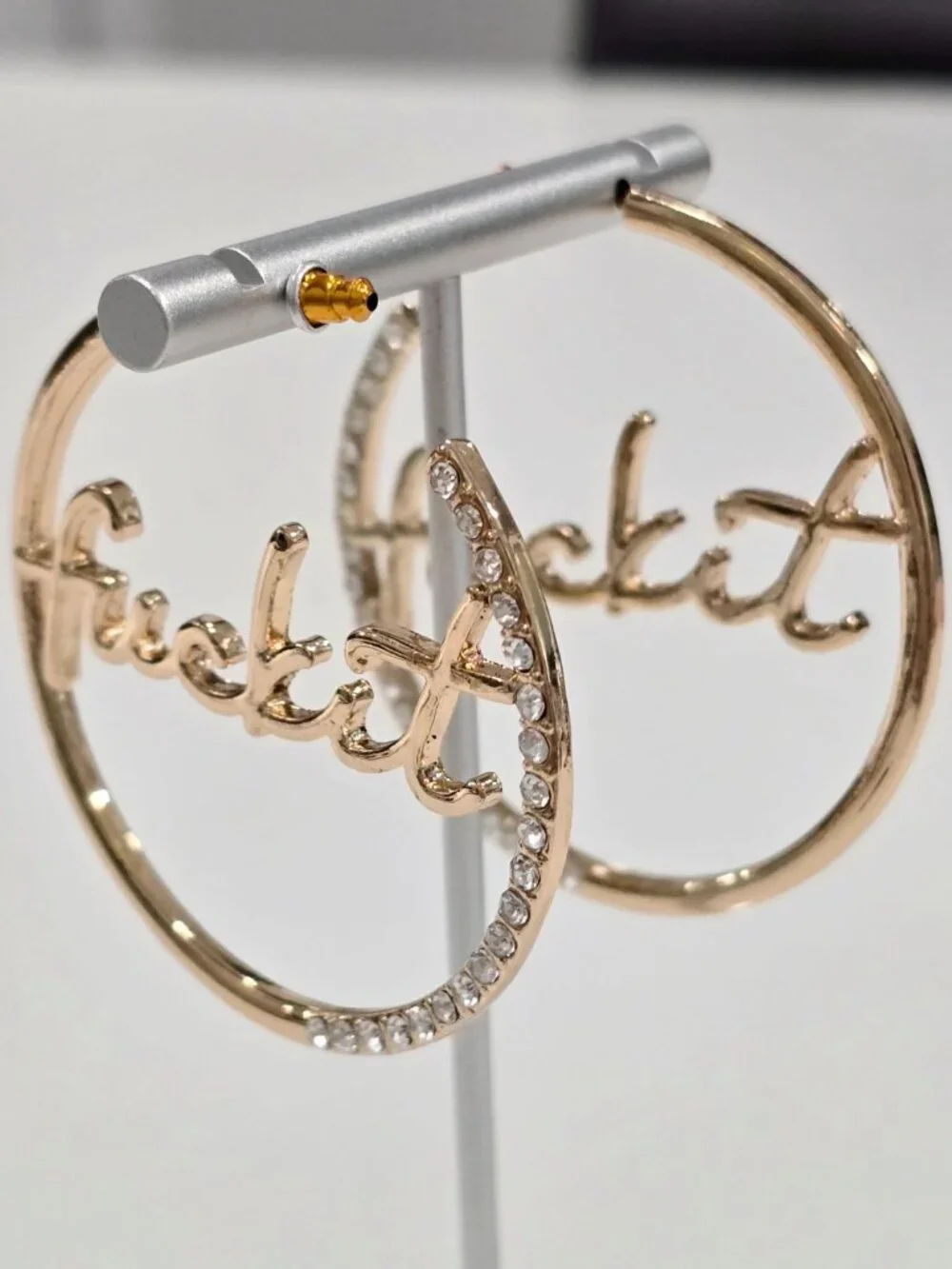 Fashion Nova ✦ Gold “Fu*k It” Hoop Earrings ✦ Rhinestone Script Oversized Bold